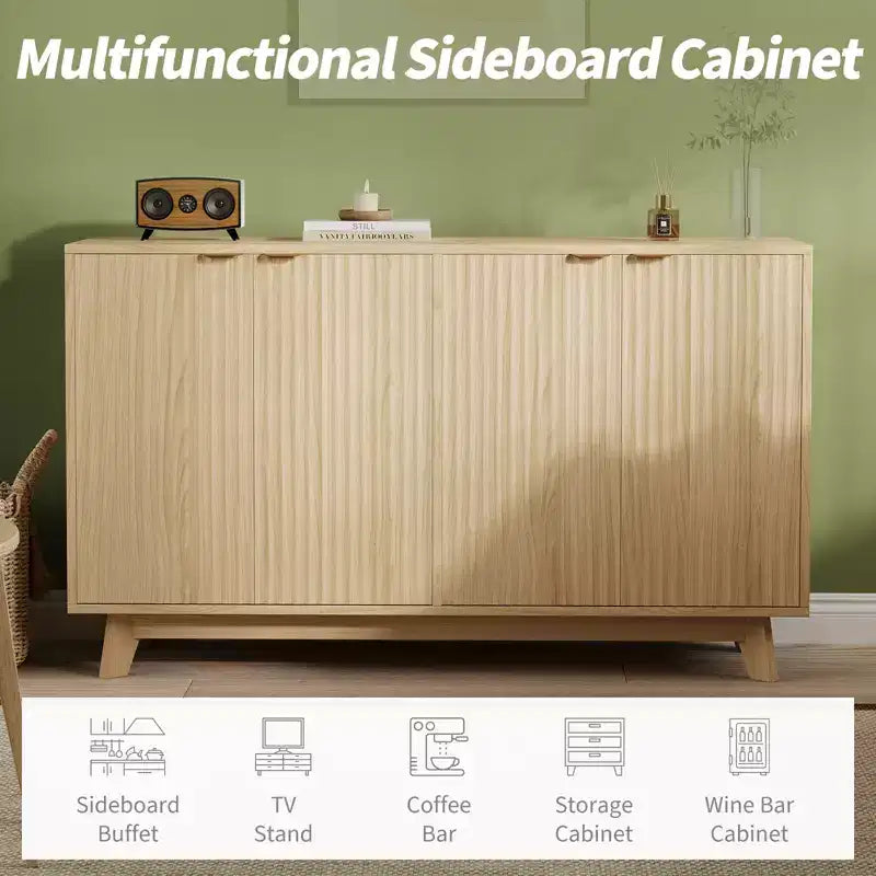 55.1 Mobile Credenza Madia con Ante e Ripiani Regolabili, Credenza Moderna a Scanalature con Spazio di Archiviazione, Tavolino da Caffè in Legno per Soggiorno
