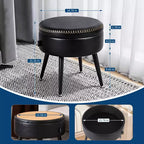 Pouf contenitore moderno e sgabello da toeletta – Tavolino rotondo multifunzione, poggiapiedi e panca da camera multifunzione, Nero inchiostro