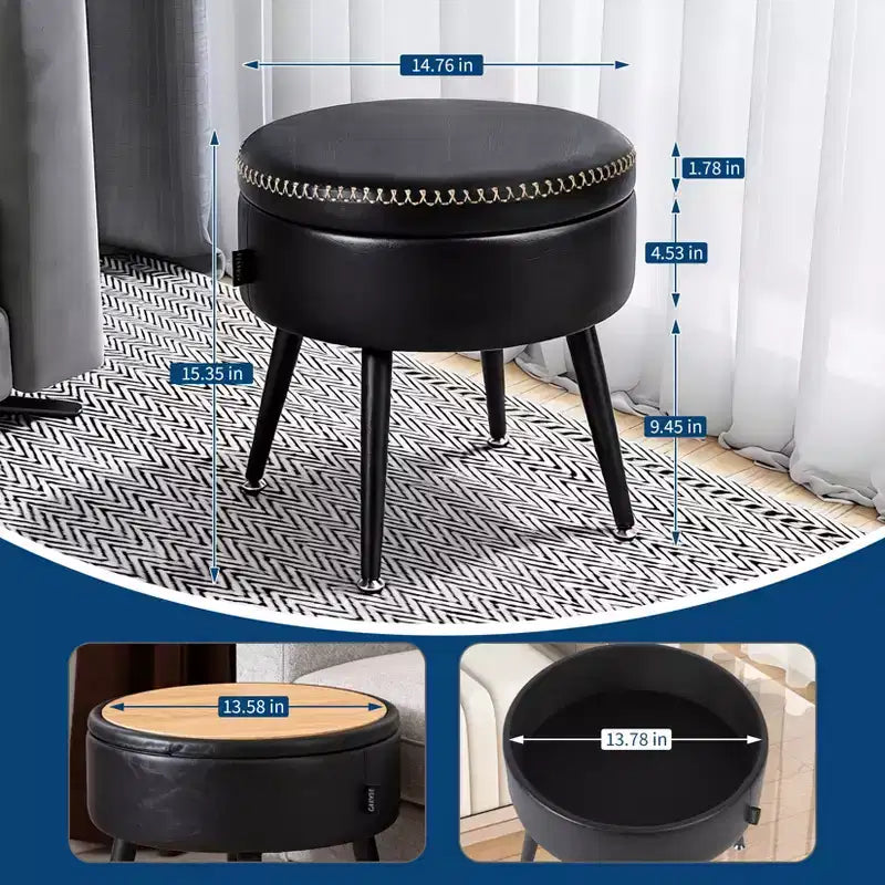 Pouf contenitore moderno e sgabello da toeletta – Tavolino rotondo multifunzione, poggiapiedi e panca da camera multifunzione, Nero inchiostro