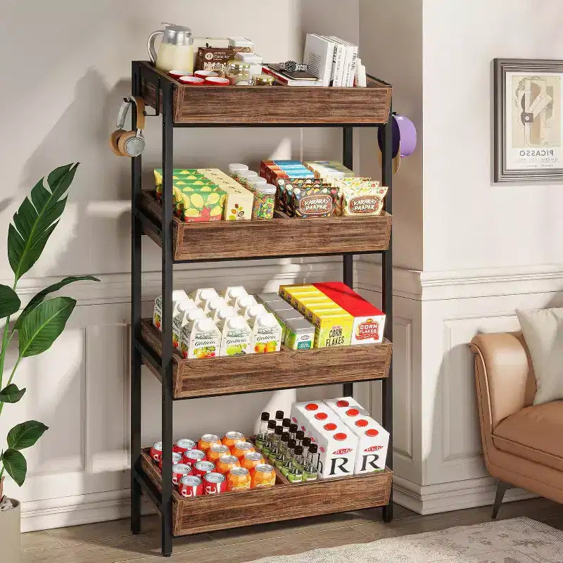 Lantine 4-Tier Retail Snack Display Shelf with 4 Hooks, suitable for vendors, store, supermarket and home kitchen.
