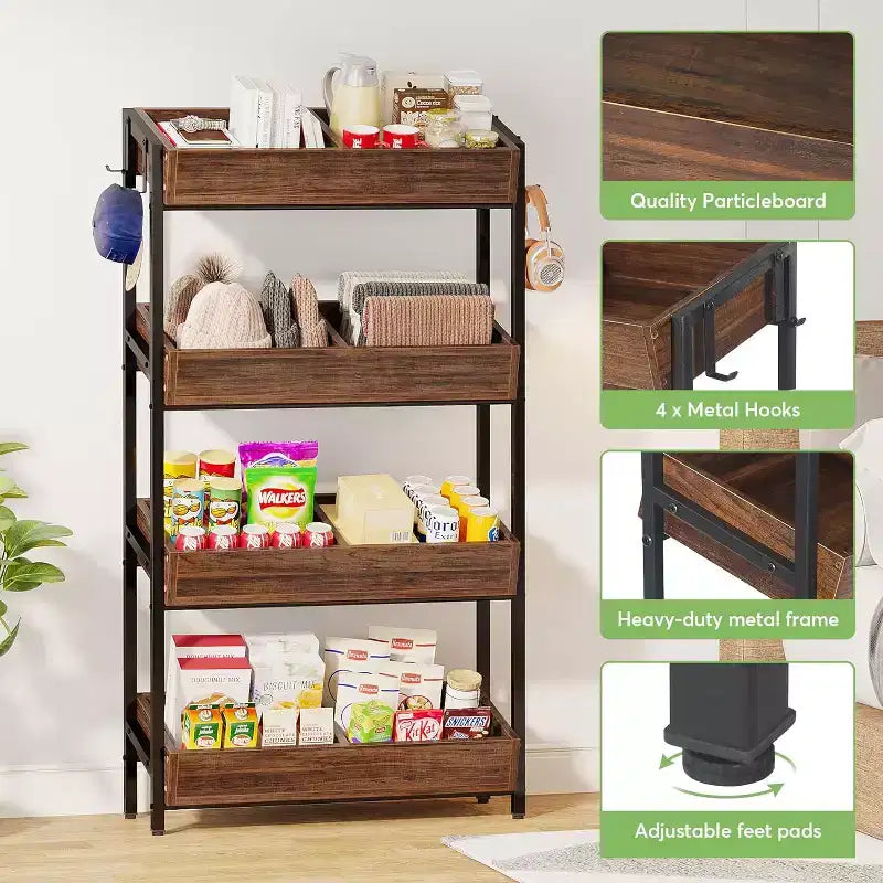 Lantine Espositore per snack a 4 ripiani con 4 ganci, adatto per venditori, negozi, supermercati e cucine domestiche.