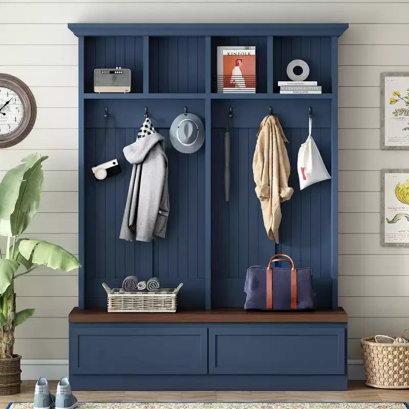 Clihome Appendiabiti da Ingresso 4-in-1 con Panchina in Grana di Legno e 2 Grandi Cassetti per Corridoio