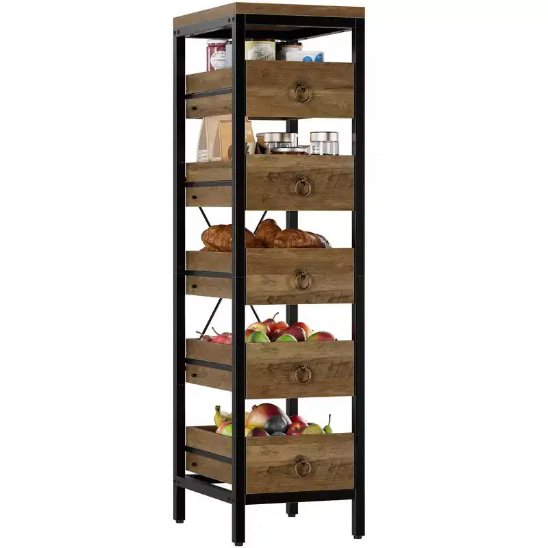 Portafrutta e Verdura in Legno, Scaffale Stretto a 5 Ripiani per Snack e Frutta, Organizer Multiuso per Cucina, Soggiorno, Camera da Letto
