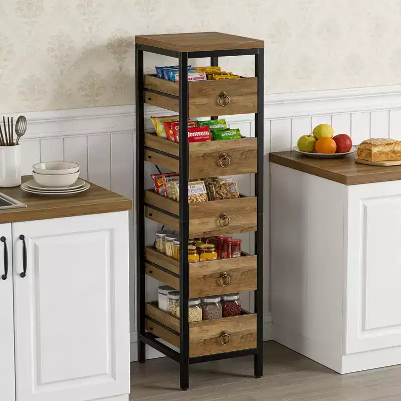 Portafrutta e Verdura in Legno, Scaffale Stretto a 5 Ripiani per Snack e Frutta, Organizer Multiuso per Cucina, Soggiorno, Camera da Letto
