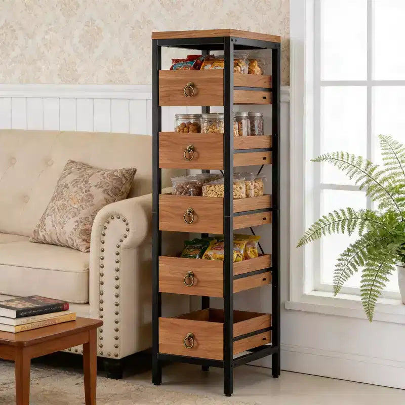 Portafrutta e Verdura in Legno, Scaffale Stretto a 5 Ripiani per Snack e Frutta, Organizer Multiuso per Cucina, Soggiorno, Camera da Letto