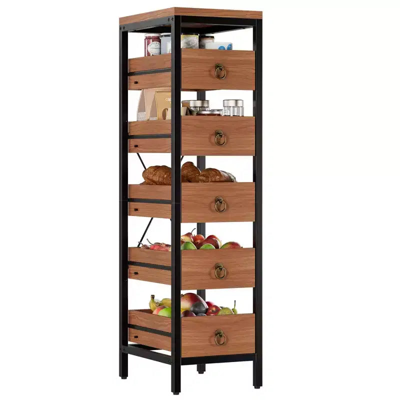 Portafrutta e Verdura in Legno, Scaffale Stretto a 5 Ripiani per Snack e Frutta, Organizer Multiuso per Cucina, Soggiorno, Camera da Letto