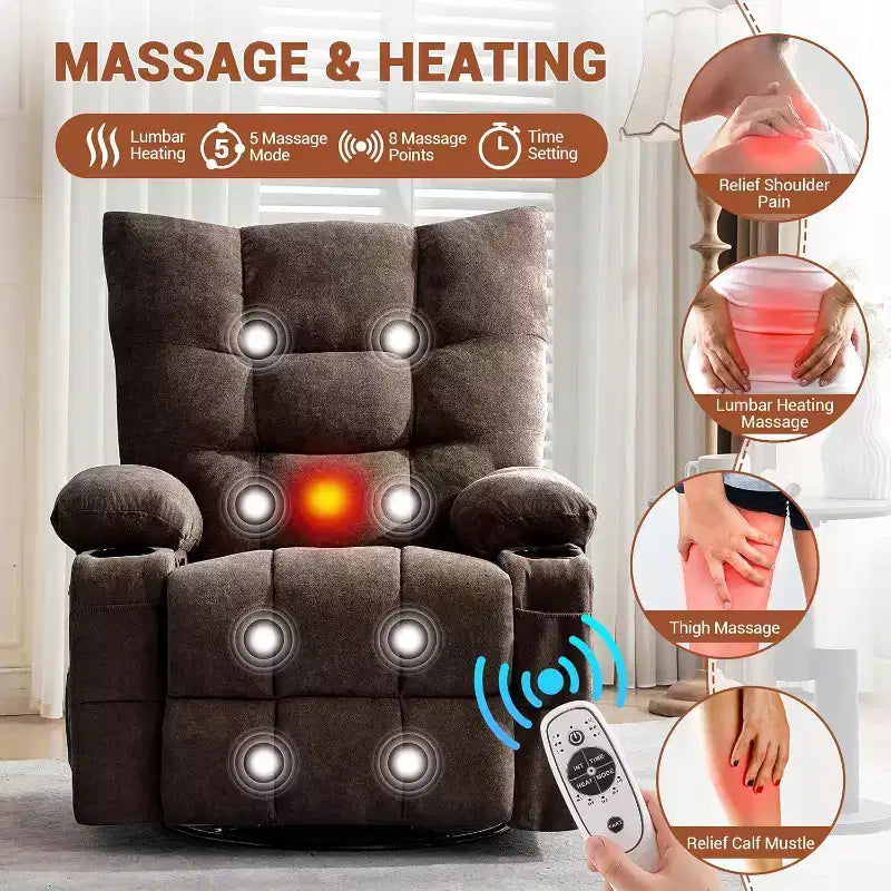 Poltrona Reclinabile con Massaggio e Riscaldamento, Poltrona Reclinabile Girevole a Dondolo con Tasca Laterale, Porta Bicchieri, Divano a Dondolo Ergonomico per Soggiorno, Camera da Letto
