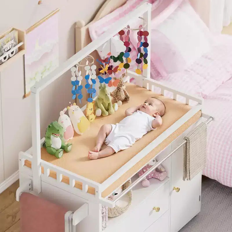 Fasciatoio JVNOXK con 3 cassetti extra-profondi, ripiano portaoggetti e ganci, ideale per la cameretta dei bambini, colore bianco