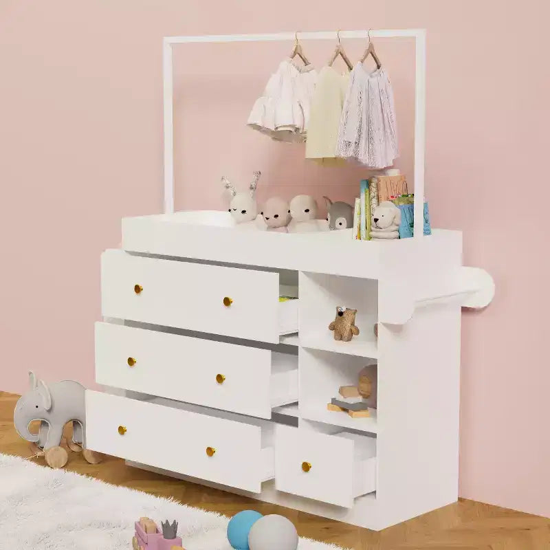 Fasciatoio JVNOXK con 3 cassetti extra-profondi, ripiano portaoggetti e ganci, ideale per la cameretta dei bambini, colore bianco