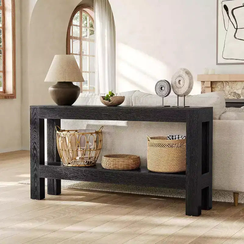 Lantine 63-Inch Black Console Table, Narrow Long Wooden Entry Table with 2-Tier Storage Shelves for Entryway, Living Room, Hallway, Behind Couch