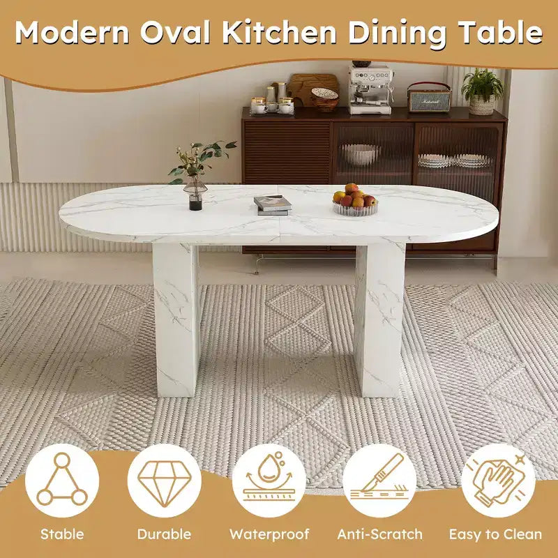 MAYEERTY Tavolo da Pranzo Ovale per 6, Tavolo da Cucina con Base a Doghe in Legno, Tavolo da Pranzo Rustico Impermeabile e Antigraffio