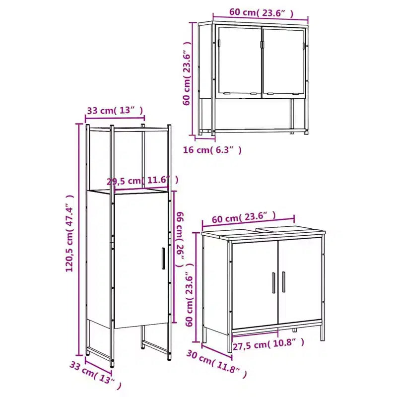 vidaXL Mobile bagno con mensola 3 pz in legno multistrato Portaoggetti per