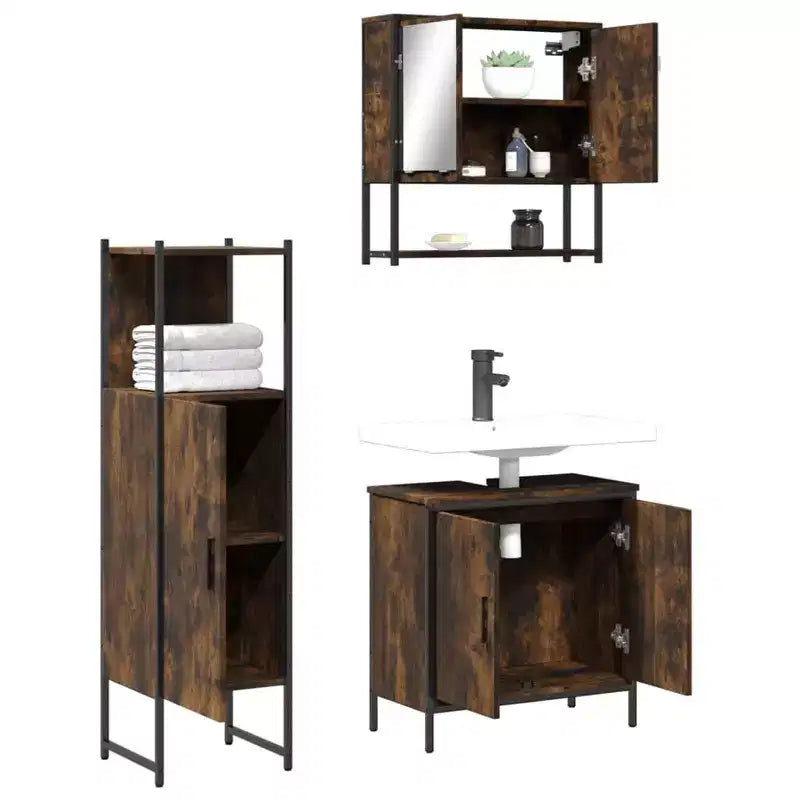 vidaXL Mobile bagno con mensola 3 pz in legno multistrato Portaoggetti per