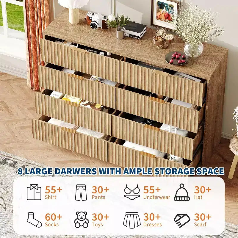 Comò a 8 cassetti scanalato, Cassettiera ampia per camera da letto e ripostiglio, Legno naturale