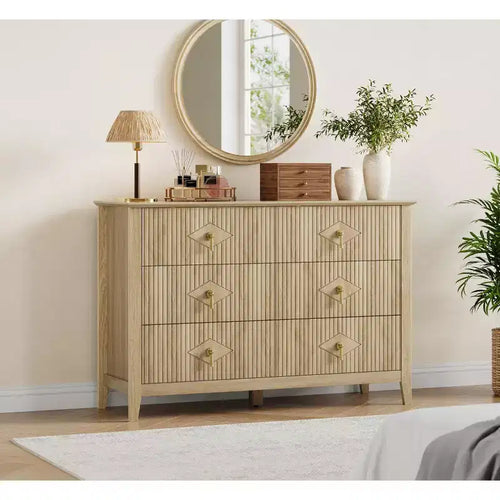 48 Wide 6-Drawer Dresser, Modern Chest with Metal Handles for Bedroom Storage, Natural Wood
