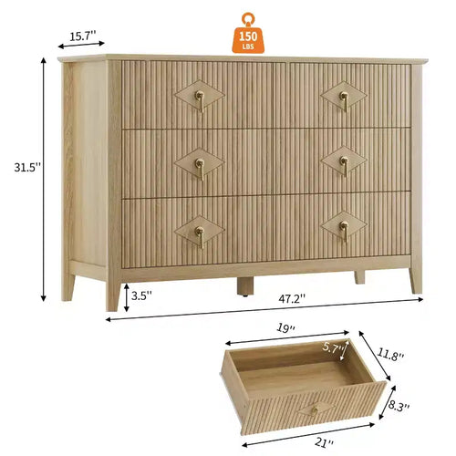 Cassettiera 6 cassetti larga 48, cassettiera moderna con maniglie in metallo per camera da letto, legno naturale