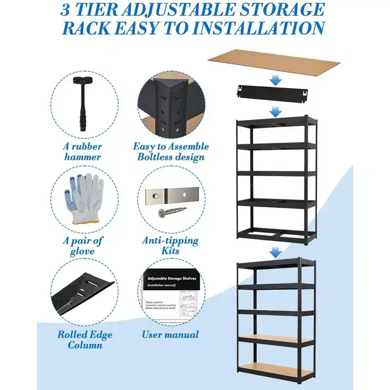 Scaffalature metalliche per garage, Scaffali regolabili per garage, Scaffalature a 5 ripiani, Scaffali multiuso per magazzino, dispensa, cantina