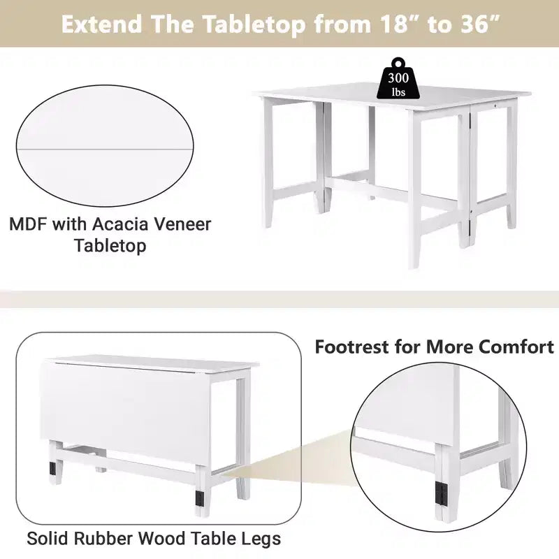 JVNOXK Tavolo da Pranzo Allungabile in Legno in Stile Rustico da 91 cm con Anta Pieghevole, Ideale per Piccoli Spazi, Gambe in Legno di Gomma Massello, Bianco