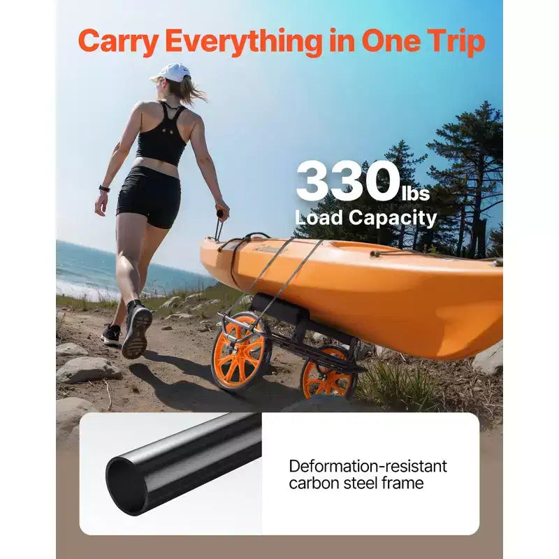 Carrello VEVOR per kayak, capacità di carico 150 kg, carrello per canoa con pneumatici in gomma piena da 15 pollici e cavalletto, si monta e si smonta in pochi secondi, nero+arancione