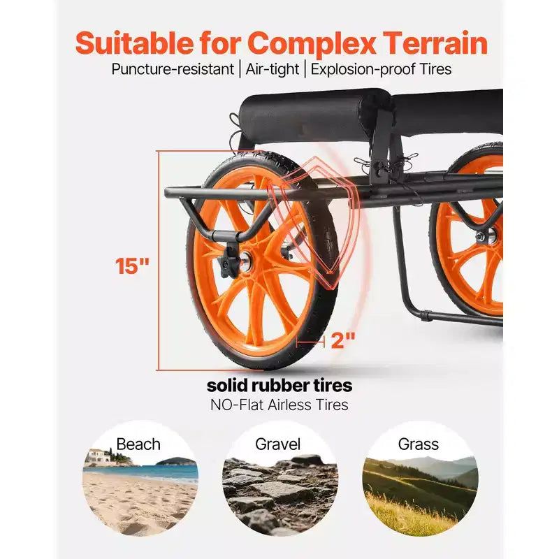 Carrello VEVOR per kayak, capacità di carico 150 kg, carrello per canoa con pneumatici in gomma piena da 15 pollici e cavalletto, si monta e si smonta in pochi secondi, nero+arancione