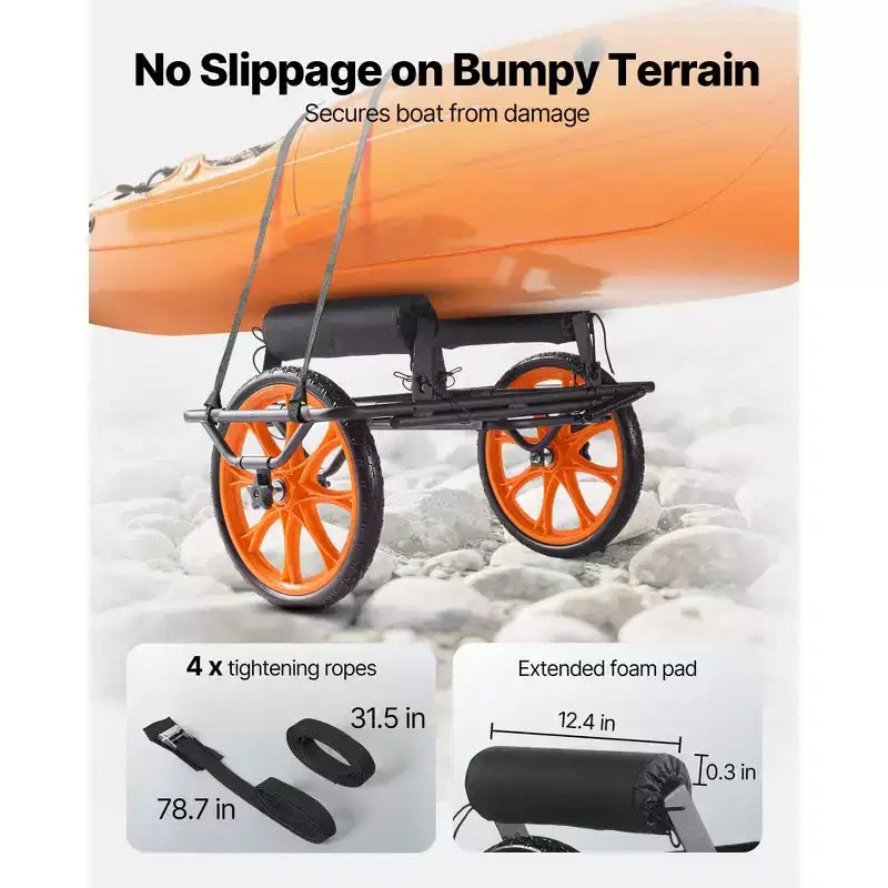 Carrello VEVOR per kayak, capacità di carico 150 kg, carrello per canoa con pneumatici in gomma piena da 15 pollici e cavalletto, si monta e si smonta in pochi secondi, nero+arancione