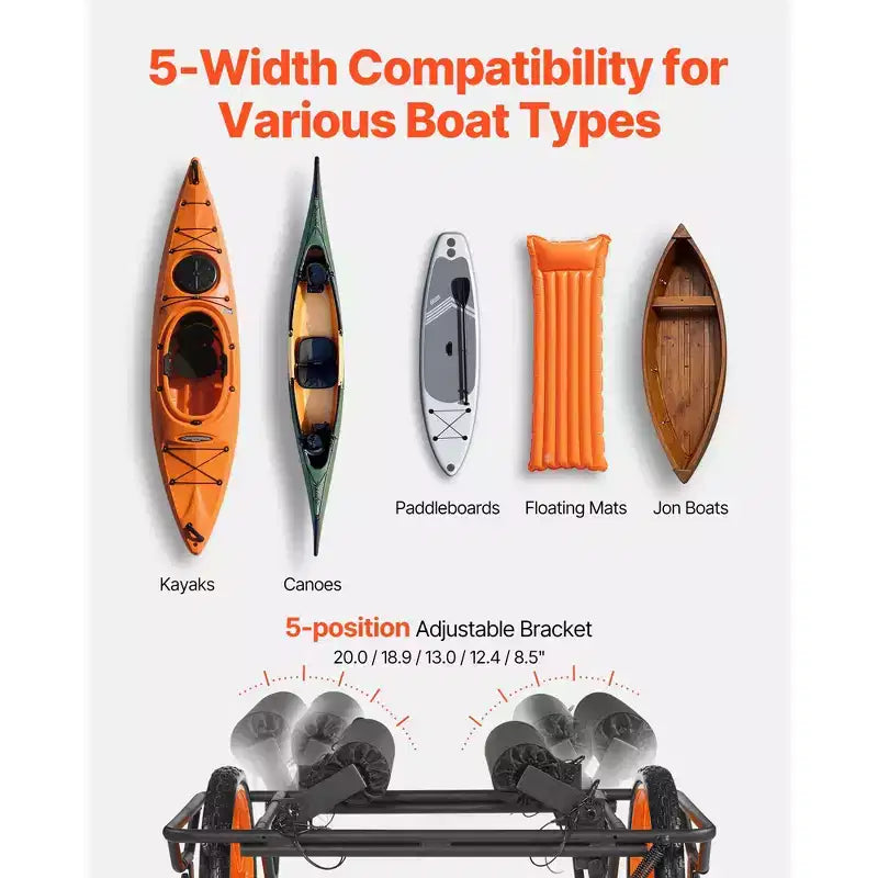 Carrello VEVOR per kayak, capacità di carico 150 kg, carrello per canoa con pneumatici in gomma piena da 15 pollici e cavalletto, si monta e si smonta in pochi secondi, nero+arancione