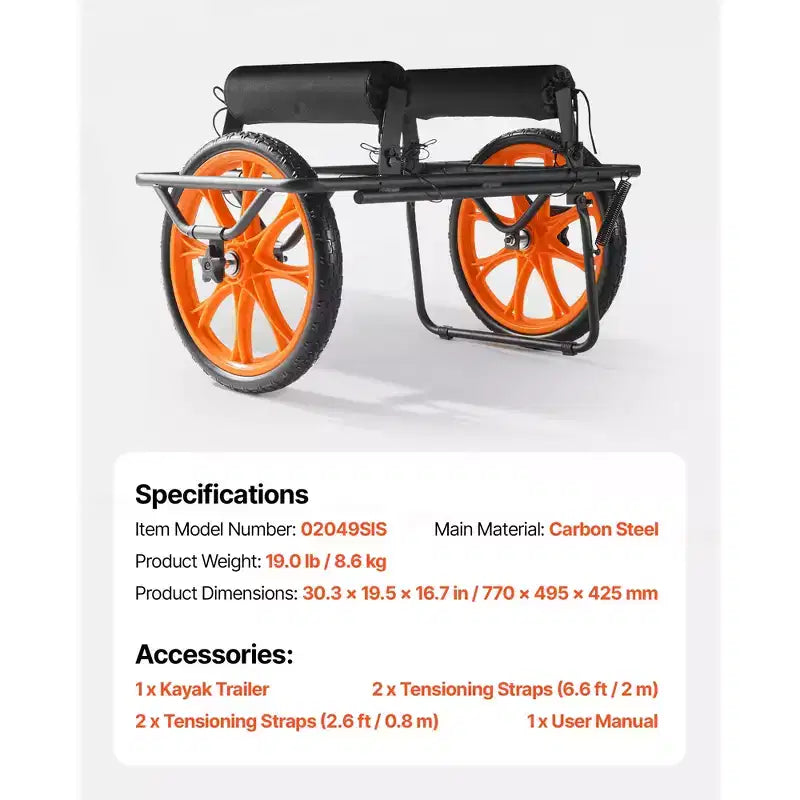 Carrello VEVOR per kayak, capacità di carico 150 kg, carrello per canoa con pneumatici in gomma piena da 15 pollici e cavalletto, si monta e si smonta in pochi secondi, nero+arancione