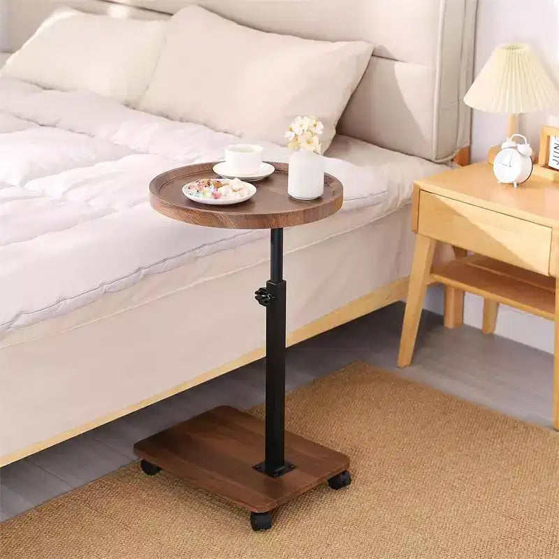 Tavolino rotondo a 2 ripiani, tavolino girevole a 360° regolabile in altezza con contenitore e ruote, tavolino mobile per soggiorno, bagno, camera da letto