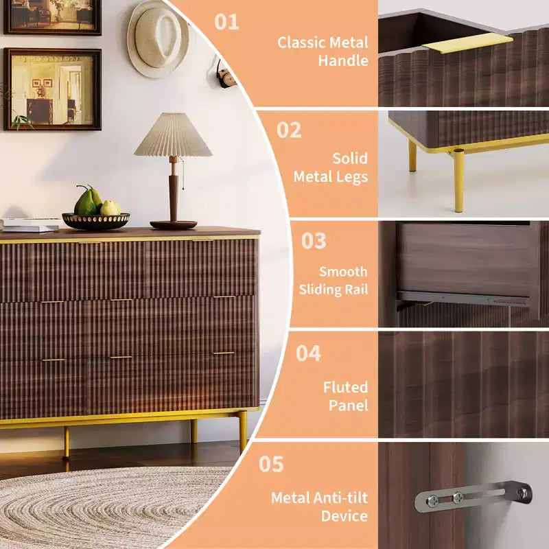 Comò a 7 cassetti per camera da letto, cassettiera scanalata in legno con mobiletto contenitore, design curvo, mobile TV con maniglie in metallo dorato per soggiorno