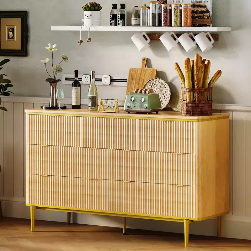 Comò a 7 cassetti per camera da letto, cassettiera scanalata in legno con mobiletto contenitore, design curvo, mobile TV con maniglie in metallo dorato per soggiorno