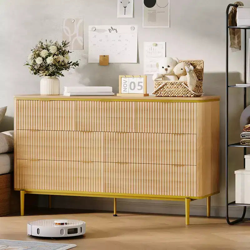 Comò a 7 cassetti per camera da letto, cassettiera scanalata in legno con mobiletto contenitore, design curvo, mobile TV con maniglie in metallo dorato per soggiorno