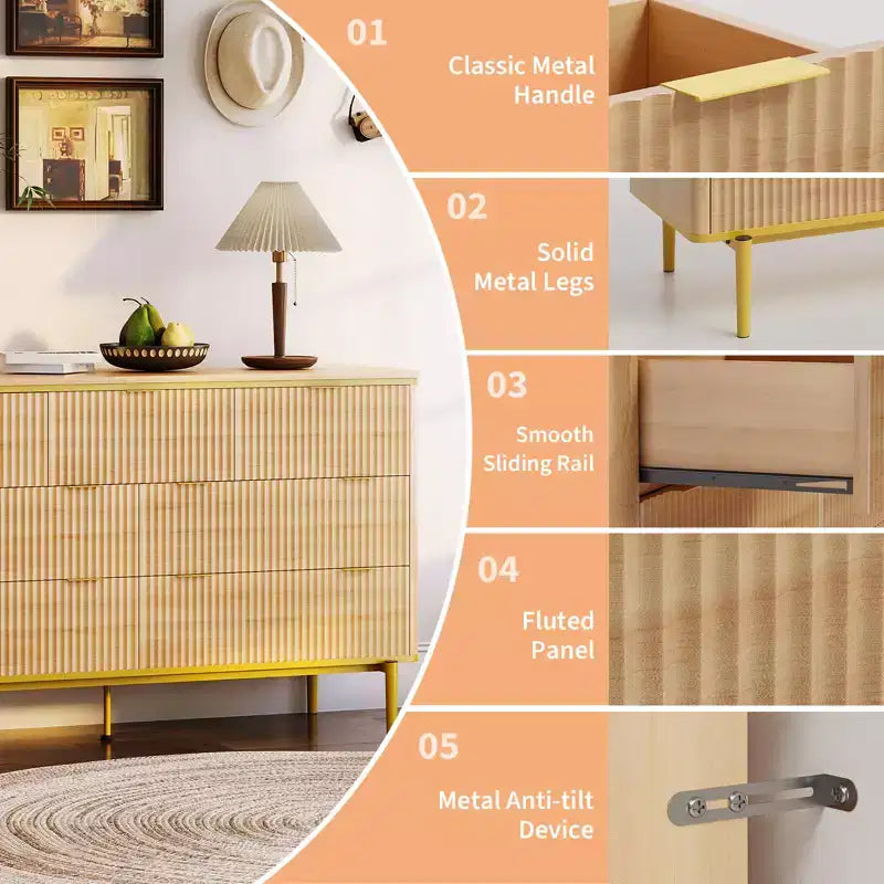 Comò a 7 cassetti per camera da letto, cassettiera scanalata in legno con mobiletto contenitore, design curvo, mobile TV con maniglie in metallo dorato per soggiorno