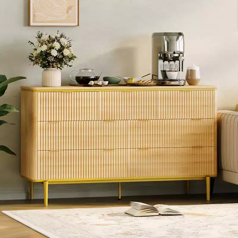 7 Drawers Dresser for Bedroom, Fluted Chest of Drawers Dresser Wood Storage Cabinet Curved Design TV Stand with Gold Metal Handles for Living Room