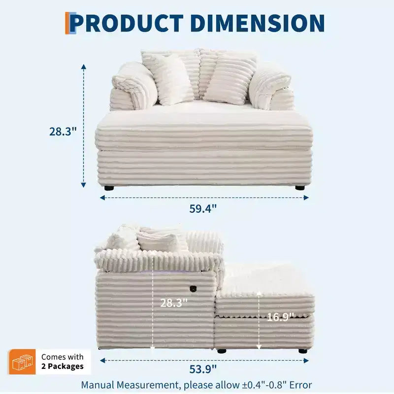Poltrona chaise longue oversize da interno, comodo divano lounge in velluto a coste con ampi braccioli imbottiti e cuscini decorativi, accogliente divano letto per soggiorno