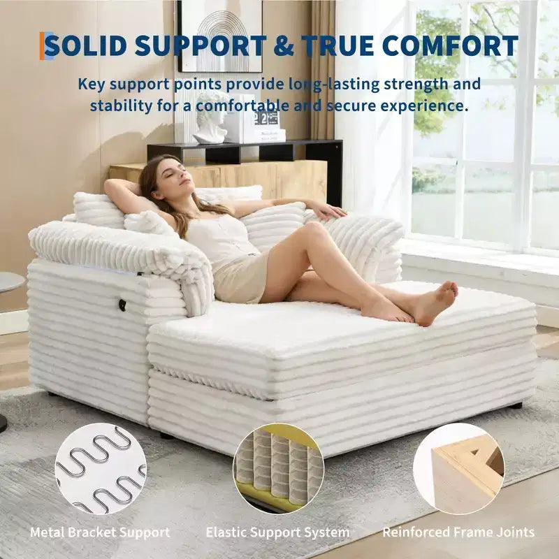 Poltrona chaise longue oversize da interno, comodo divano lounge in velluto a coste con ampi braccioli imbottiti e cuscini decorativi, accogliente divano letto per soggiorno