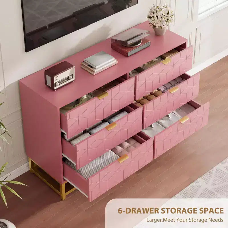 Cassettiera per Camera da Letto, Cassettiera Larga a 6 Cassetti in Legno con Gambe in Metallo, Organizzatore Moderno