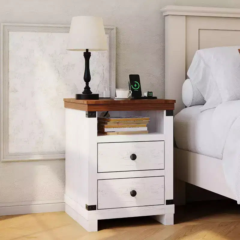 Comodino rustico da fattoria, comodino grande moderno con 2 cassetti e ripiano aperto, per camera da letto piccola, bianco