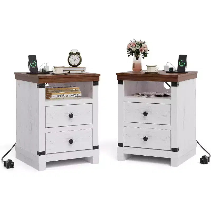 Comodino rustico da fattoria, comodino grande moderno con 2 cassetti e ripiano aperto, per camera da letto piccola, bianco