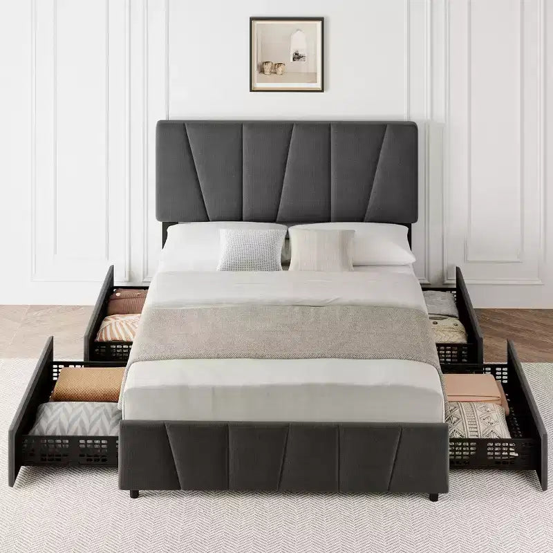 Struttura letto imbottita con testiera regolabile, cassetti portaoggetti multipli, struttura letto in legno, materasso senza molle, mobili moderni per la camera da letto
