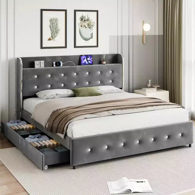 Struttura Letto con 4 Cassetti Contenitori, Piattaforma Rivestita in Velluto, Supporto 450 kg, GrigioQUEEN