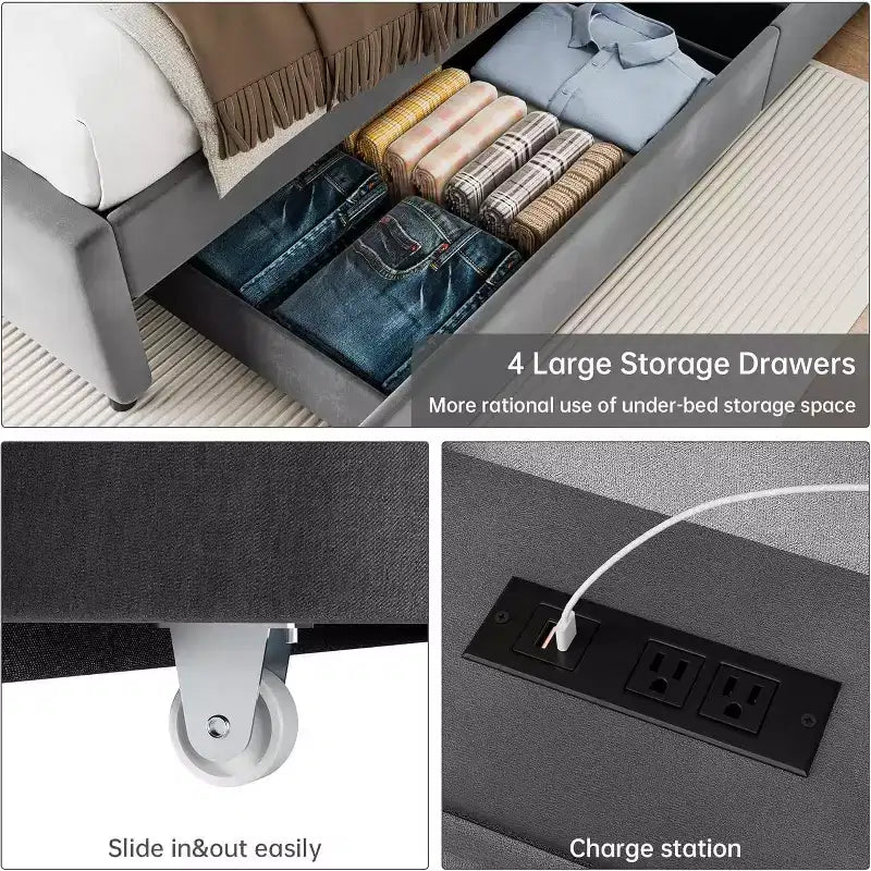 Struttura Letto con 4 Cassetti Contenitori, Piattaforma Rivestita in Velluto, Supporto 450 kg, GrigioQUEEN