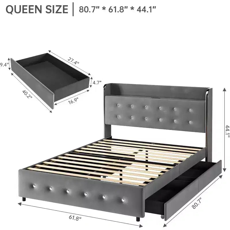 Struttura Letto con 4 Cassetti Contenitori, Piattaforma Rivestita in Velluto, Supporto 450 kg, GrigioQUEEN