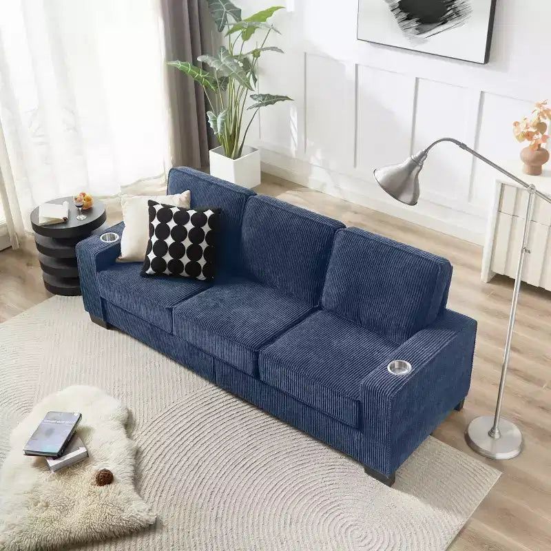 Divano a tre posti in velluto a coste 83 con portabicchieri, divano moderno e confortevole per salotti, appartamenti compatti e uffici-Panipeachy