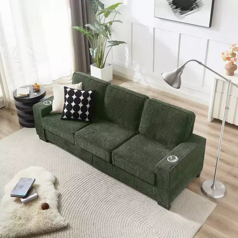 Divano a tre posti in velluto a coste 83 con portabicchieri, divano moderno e confortevole per salotti, appartamenti compatti e uffici-Panipeachy