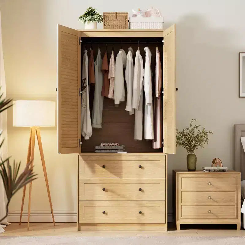 Armadio Guardaroba in Legno con Cassetti, Armadio Contenitore da 69,5 con Asta Appendiabiti, Design a 2 Ante con Persiane per Camera da Letto