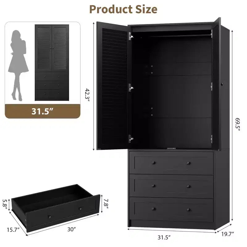 Armadio Guardaroba in Legno con Cassetti, Armadio Contenitore da 69,5 con Asta Appendiabiti, Design a 2 Ante con Persiane per Camera da Letto