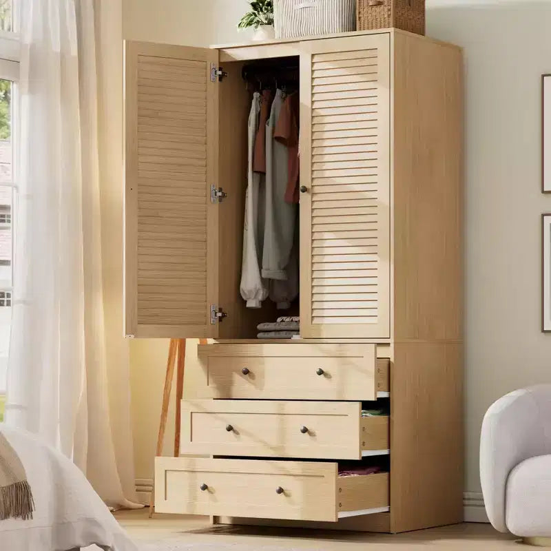 Armadio Guardaroba in Legno con Cassetti, Armadio Contenitore da 69,5 con Asta Appendiabiti, Design a 2 Ante con Persiane per Camera da Letto