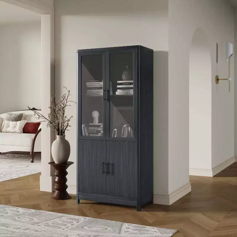 GDFStudio Aveline 31'' Mid-Century Modern Bookcase Cabinet with 2 Glass Doors and 6 Adjustable Shelves