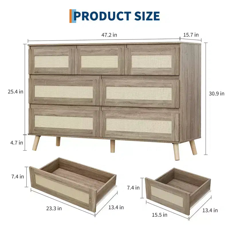 Cassettiera moderna a 7 cassetti in rattan, mobile contenitore in legno per camera da letto, cameretta, soggiorno o ingresso, per organizzare i vestiti