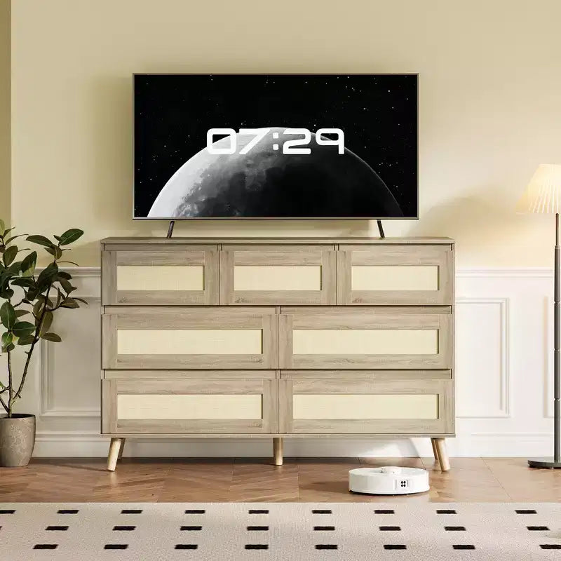 Cassettiera moderna a 7 cassetti in rattan, mobile contenitore in legno per camera da letto, cameretta, soggiorno o ingresso, per organizzare i vestiti